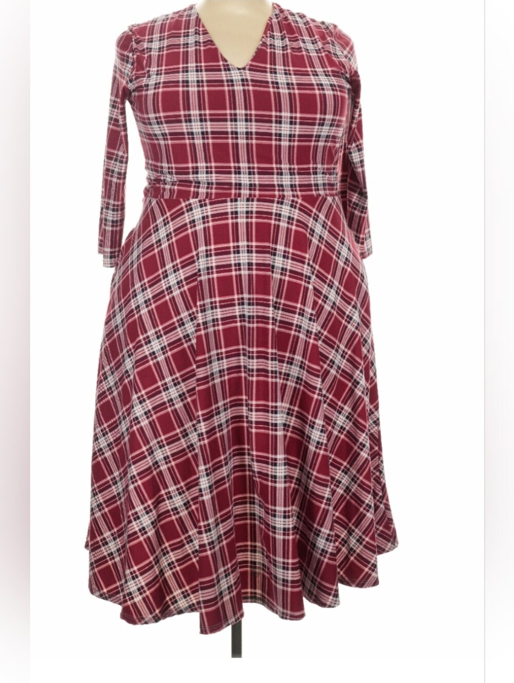 Agnes & Dora Burgundy Plaid V-Neck Long Sleeve Dress
